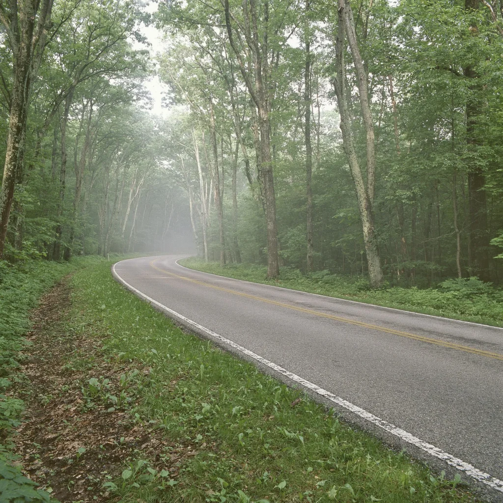 Carretera Skyline Drive entre bosques de las montañas Blue Ridge, ruta del valle para manejar con placa temporal en Virginia